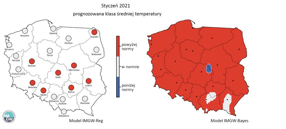 Prognozowana klasa średniej miesięcznej temperatury powietrza w styczniu 2021 r. według modelu IMGW-Reg i IMGW-Bayes