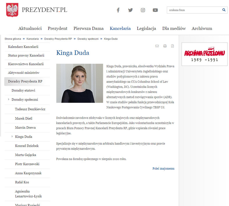 Profil Kingi Dudy na stronie prezydent.pl