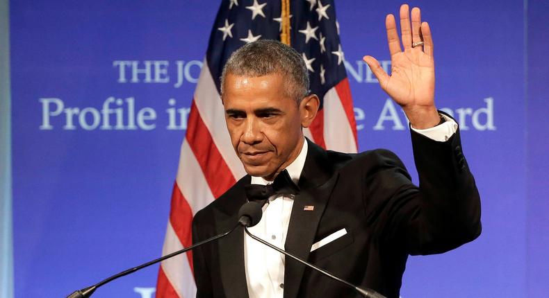 Former President Barack Obama waves at the conclusion of his remarks after being presented with the 2017 Profile in Courage award during ceremonies at the John F. Kennedy Presidential Library and Museum, Sunday, May 7, 2017, in Boston.