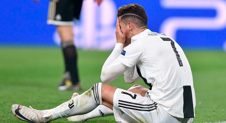 Juventus' Cristiano Ronaldo reacts during the Champions League, quarterfinal, second leg soccer match between Juventus and Ajax, at the Allianz stadium in Turin, Italy, Tuesday, April 16, 2019.  (Alessandro Di Marco/ANSA via AP)