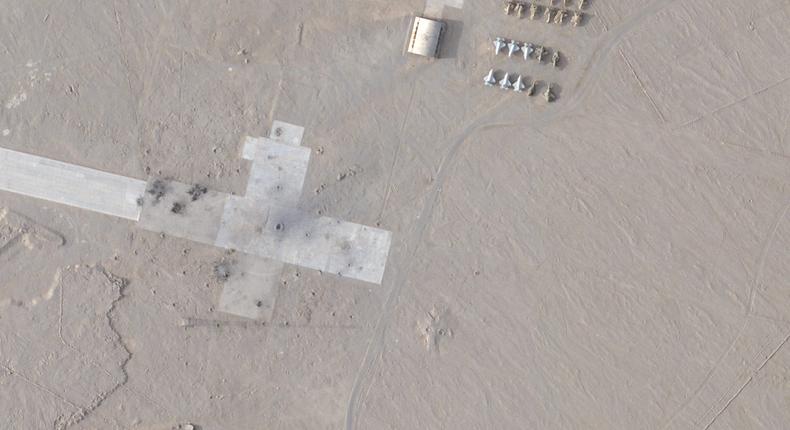 Satellite image from April 19, 2024, show Chinese mock-ups of what appear to be US aircraft in the Taklamakan Desert.Planet Labs PBC