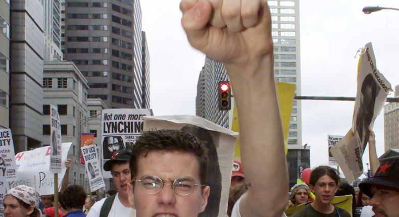 A protester in support of jailed activist Mumia Abu-Jamal at a march through downtown Philadelphia in 2000.