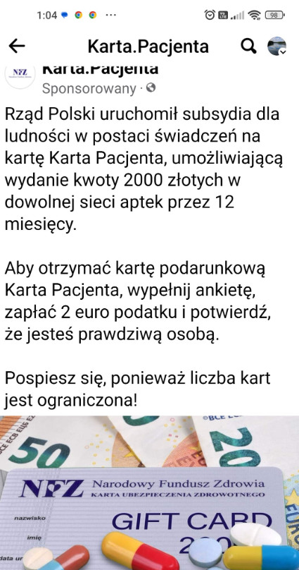 Tak wygląda jedna z fałszywych wiadomości, której autorem jest rzekomo NFZ