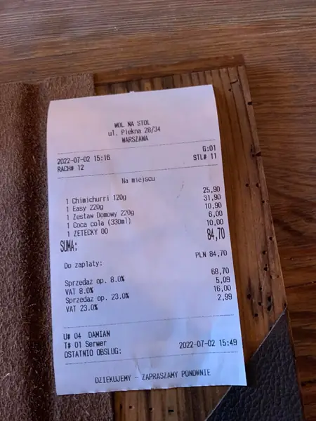 Nasz paragon z restauracji Wół na Stół