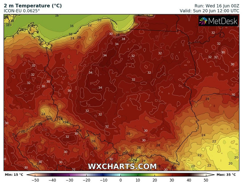 Prognozowana temperatura w niedzielę po południu