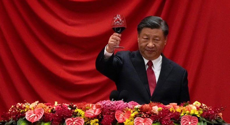 Chinese President Xi Jinping makes a toast after delivering his speech at a dinner marking the 74th anniversary of the founding of the People's Republic of China at the Great Hall of the People on September 28, 2023 in Beijing, China.Andy Wong-Pool/Getty Images