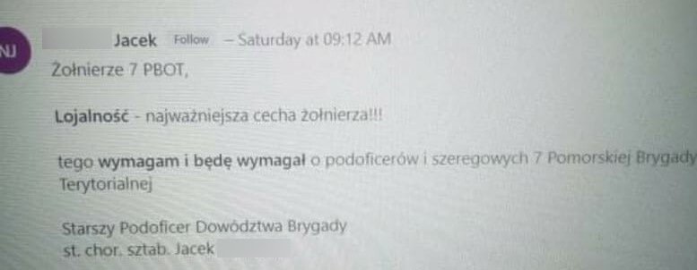 Komunikat st. chor. N. do żołnierzy 7 PBOT w dniu wysłania pytań przez Onet. 