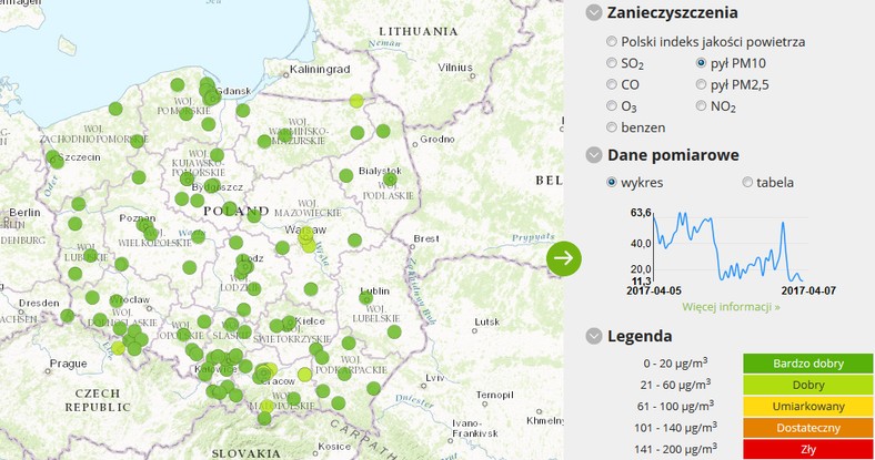 Stężenie pyłu PM10 - 2017-04-07 od godziny 6:00 do 7:00