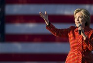 Democratic presidential candidate Hillary Clinton speaks during a campaign rally with her husband fo