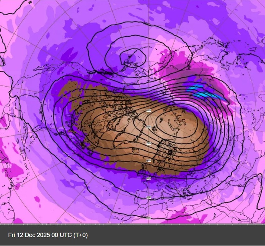 "Izražena dislokacija sa retrogradnim kretanjem polarnog vrtloga u stratosferi prema Evropi što će doneti zimu u skladu sa kalendarom" - 12. decembar