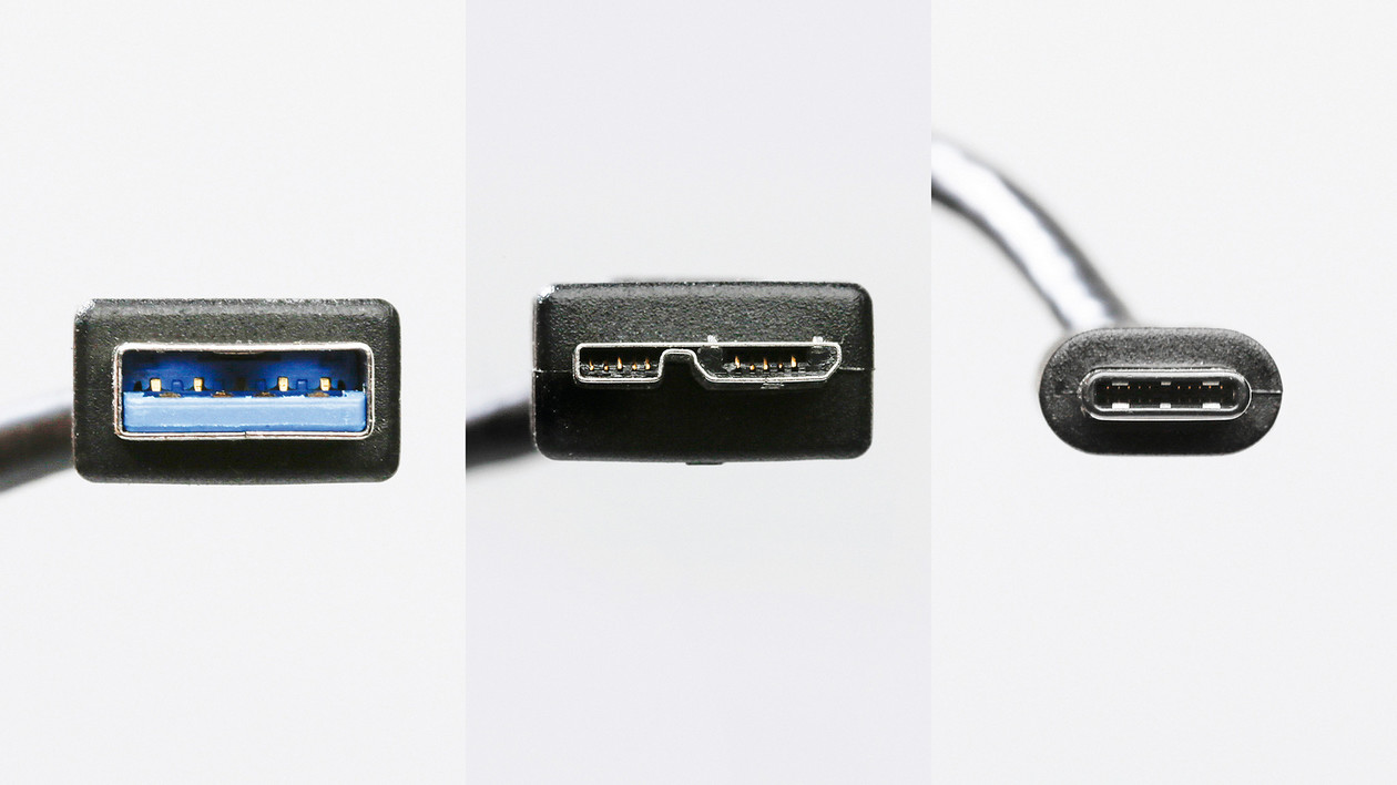 W kablach połączeniowych do zewnętrznych dysków SSD stosowane są trzy różne złącza: USB-A, USB-B i USB-C (od lewej)