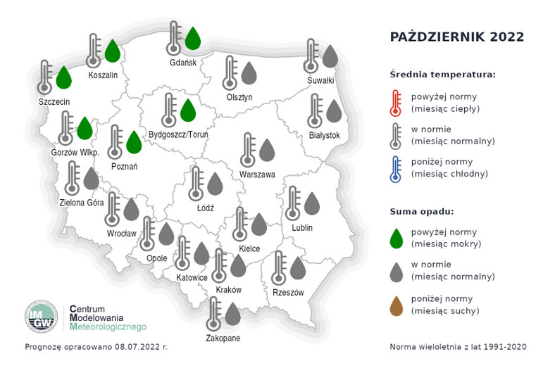 Prognoza średniej miesięcznej temperatury powietrza i miesięcznej sumy opadów atmosferycznych na październik 2022 r. dla wybranych miast w Polsce