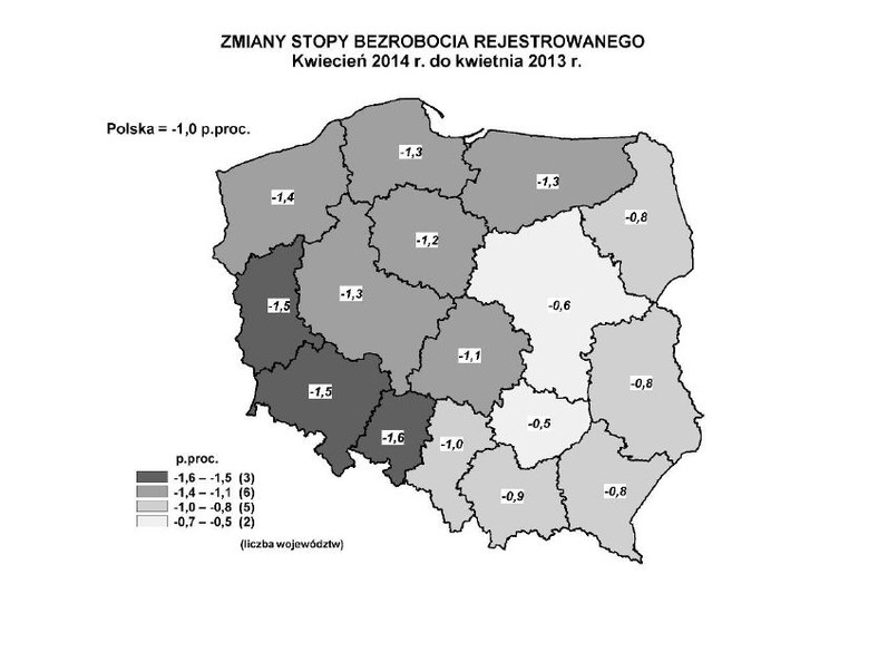 Zmiana stopy bezrobocia rejestrowanego, kwiecień 2014 r. względem kwietnia 2013 r. Źródło: GUS