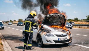 Vatrigasci, zapaljen automobil, ilustracija (fotografija je napravljena uz pomoć veštačke inteligencije)