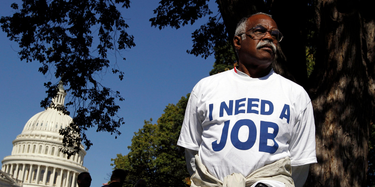 Mervin Sealy from Hickory, North Carolina, takes part in a protest rally outside the Capitol Building in Washington, October 5, 2011. Demonstrators were demanding that Congress create jobs, not make budget cuts during the protest.