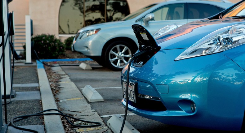 The electric car Nissan Leaf, at an electric vehicle charging station at Balboa Park.