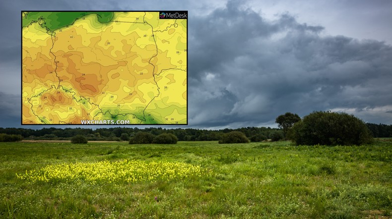 Długi weekend powinien być dość ciepły, ale miejscami zaczną się pojawiać opady i burze (mapa: wxcharts.com)