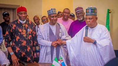 Vice President-elect, Kashim Shettima at his meeting with Hon. Tajudeen Abbas and Benjamin Kalu. [Twitter:@Imranmuhdz]