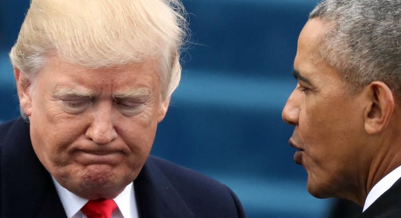 President Barack Obama greets President-elect Donald Trump at his inauguration on January 20, 2017.