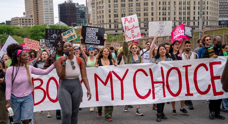 Abortion-rights supporters march to Brooklyn Bridge in support of a Planned Parenthood demonstration on May 14, 2022, in New York City.