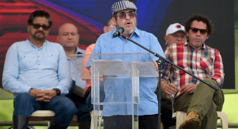 Rebel leader Rodrigo Londono, pictured here at a ceremony last month marking the end of the FARC as an armed group, will continue his recovery in Cuba