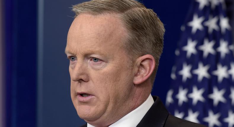 White House press secretary Sean Spicer speaks during the daily briefing at the White House in Washington, Wednesday, April 19, 2017.