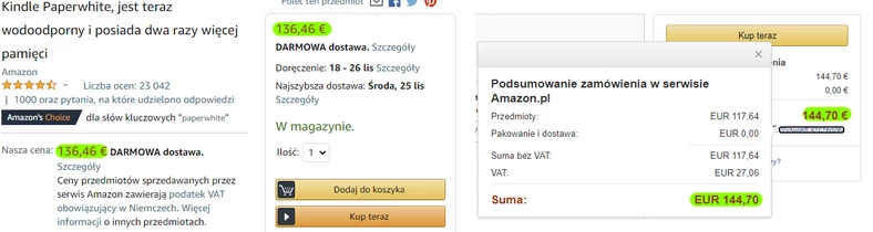 Kupując produkty na Amazonie trzeba pamiętać o tym, że na stronie produktu widoczna jest cena z wliczonym niemieckim podatkiem VAT, który zazwyczaj jest niższy od polskiego. Dlatego ostateczna cena naliczana w kasie może być wyższa od tej, którą widać w czasie dodawania produktów do koszyka.