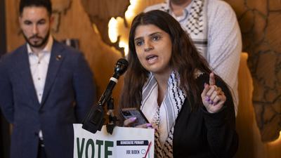 Lexis Zeidan, a leader of the Listen to Michigan effort, at a press conference in Dearborn in February.Mostafa Bassim/Anadolu via Getty Images