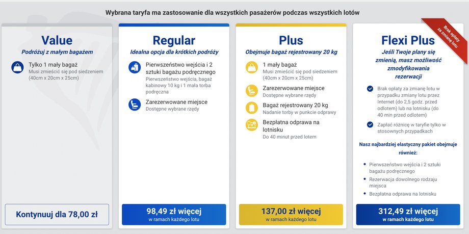 W zależności od wyboru pakietu zmienia się cena biletu lotnicznego