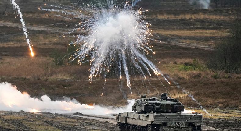 A Leopard 2 tank in action at the Field Marshal Rommel Barracks in Augustdorf, Germany, February 1, 2023.AP Photo/Martin Meissner, File