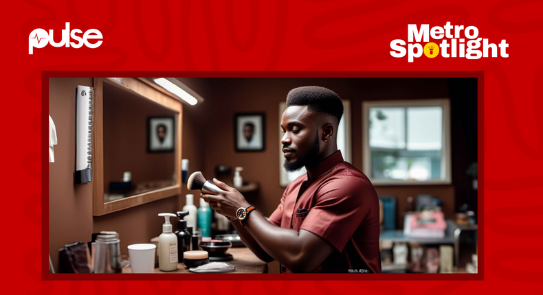 An AI-generated image of a barber with cosmetic products.