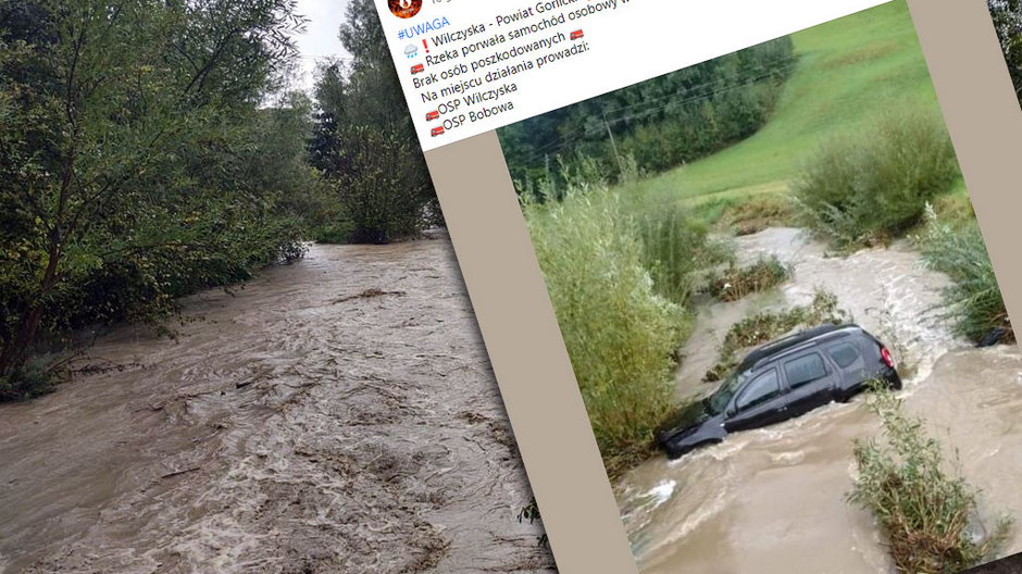 W Wilczyskach woda porwała samochód