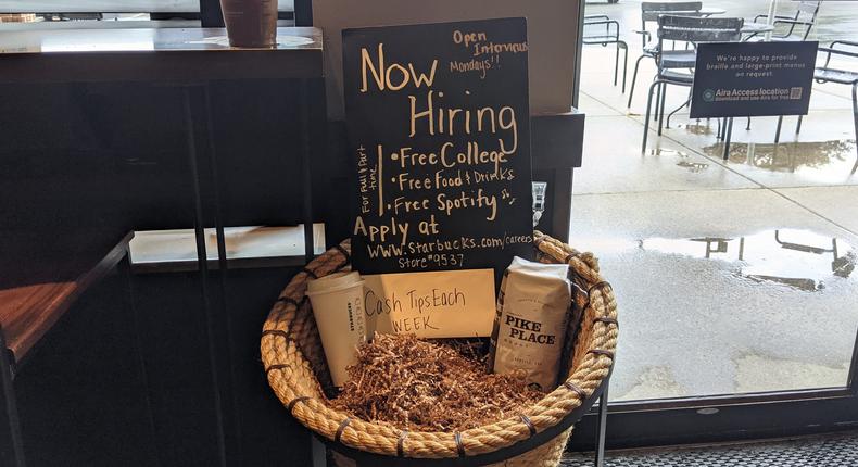 A Starbucks location in Wyomissing, Pennsylvania offered a variety of additional incentives to new hires, including Free College and Free Spotify.
