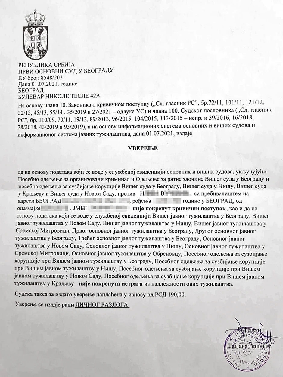 Potvrda suda da protiv partnera majke nije podignuta nikakva krivična prijava kako otac tvrdi