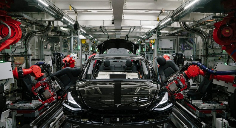 A Tesla Model 3 is assembled at the Fremont, California factory in 2018.