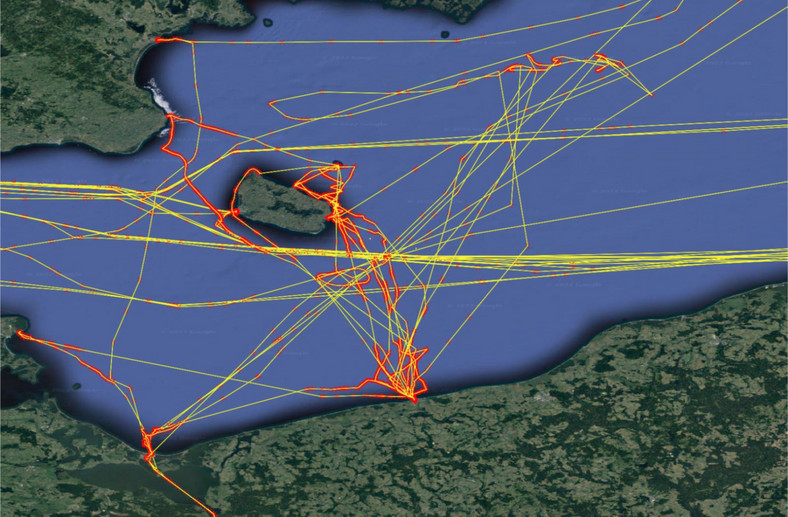 Dane dotyczące śledzenia wszystkich statków z sygnałem AIS w pobliżu wyspy Bornholm, wrzesień 2022 r.