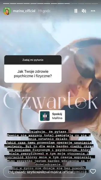 Marina Łuczenko-Szczęsna wyznała, że przeszła operację usunięcia nowotworu / Instagram