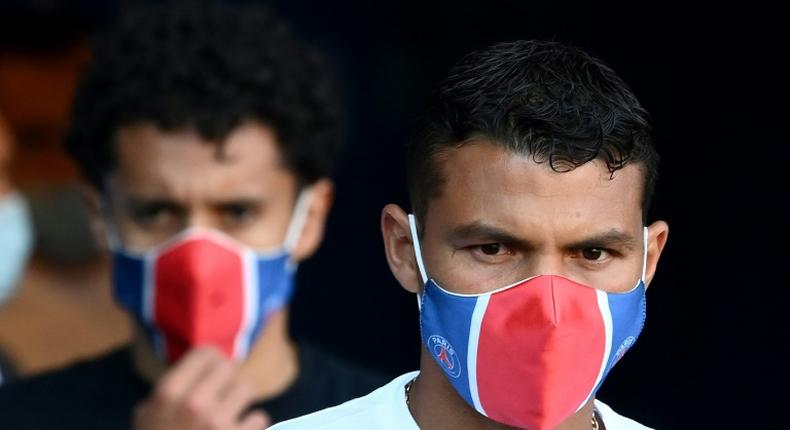 A masked Thiago Silva at Paris Saint-Germain's friendly against Sochaux at the Parc des Princes this week