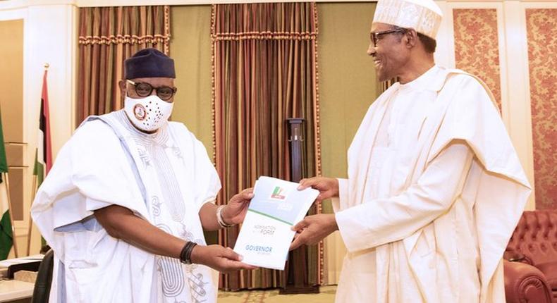 President Muhammadu Buhari meets with Governor Rotimi Akeredolu of Ondo State at the Presidential Villa, Abuja on Tuesday, June 16, 2020. [Twitter/@NigeriaGov]