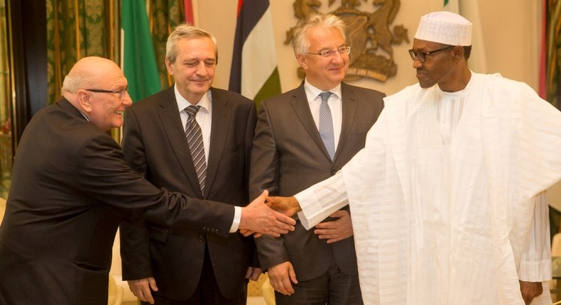 R-L President Muhammadu Buhari, Vice Prime Minister/Deputy Head of Government of Hungary Dr Semjen Zsolf , State Secretary Mr Bus Szilveszter and Col. Rukusz , during Courtesy Call to the President at the Presidential Villa on October 23, 2015.