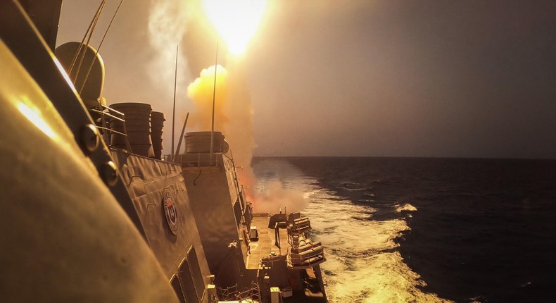 The Arleigh Burke-class guided-missile destroyer USS Carney (DDG 64) defeats a combination of Houthi missiles and unmanned aerial vehicles in the Red Sea, Oct. 19, 2023.US Navy photo by Mass Communication Specialist 2nd Class Aaron Lau