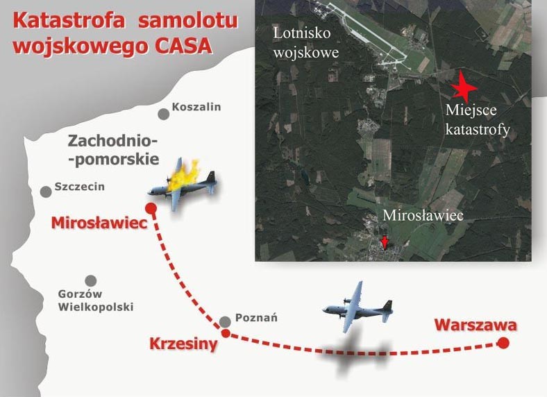 Trasa ostatniego lotu samolotu Casa, który rozbił się pod Mirosławcem