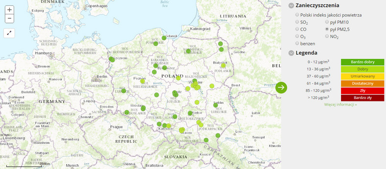 Stężenie najgroźniejszego dla zdrowia pyłu PM 2,5