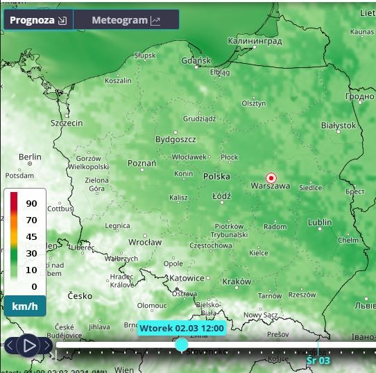 Prognozowana prędkość wiatru we wtorek