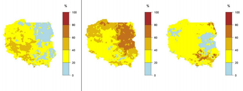 Prawdopodobieństwo wystąpienia kolejno klas „poniżej normy”, „w normie” i „powyżej normy”dla sumy opadów w czerwcu 2020 r. (model klasyfikatora Bayesa)