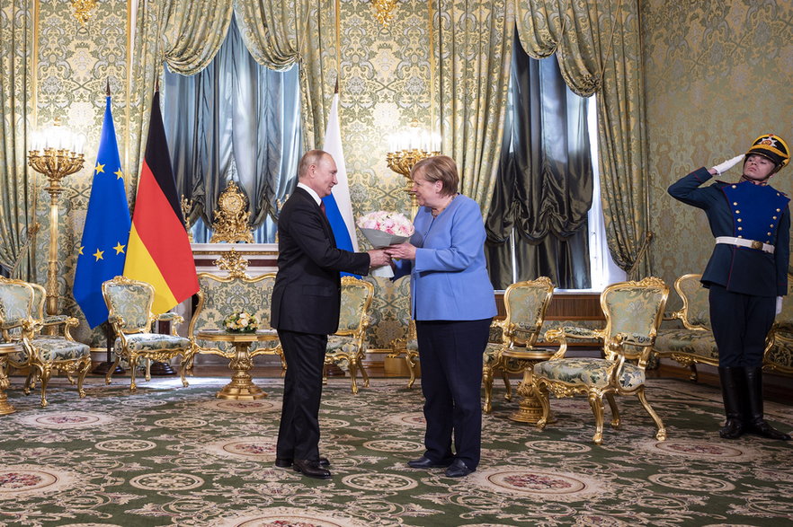 Prezydent Rosji Władimir Putin spotyka się z kanclerz Niemiec Angelą Merkel na Kremlu, 20 sierpnia 2021 r.