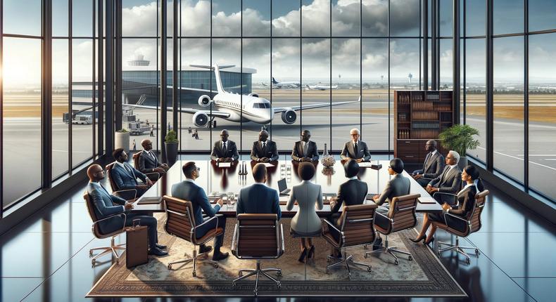 An AI illustration of a diverse group of African billionaires in a corporate boardroom, with an airport and a private jet visible in the background.