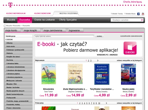 W księgarni T-Mobile znajdują się zarówno płatne jak i bezpłatne pozycje; klasyka literatury i nowości wydawnicze