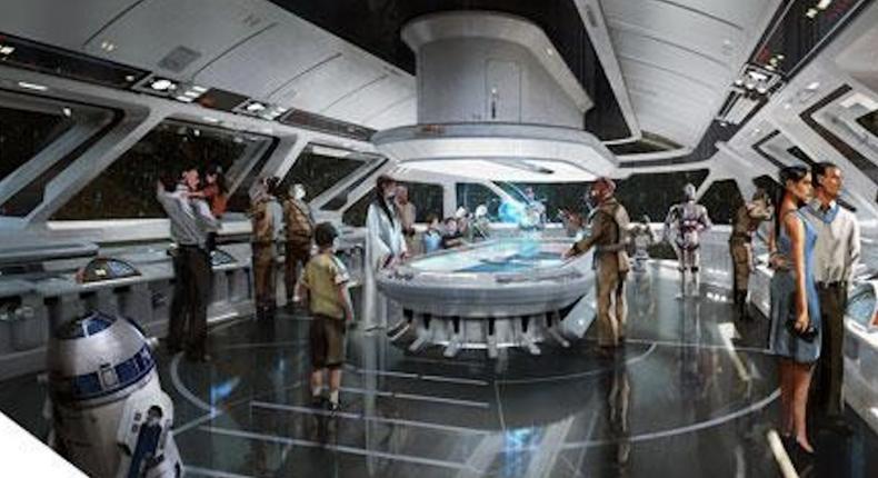 Concept art for the Star Wars Land starship resort hotel.