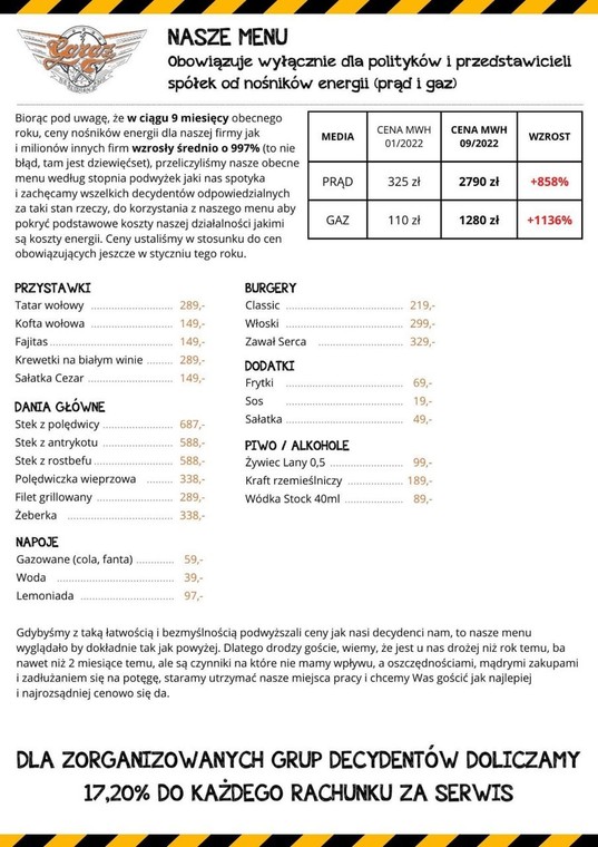 Menu w lokalu "Garaż"